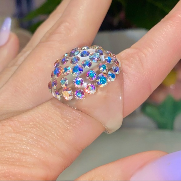 Aurora Borealis Swarovski Crystal Ring, Clear Lucite Ring, AB Crystal Dome Ring - Picture 9 of 10